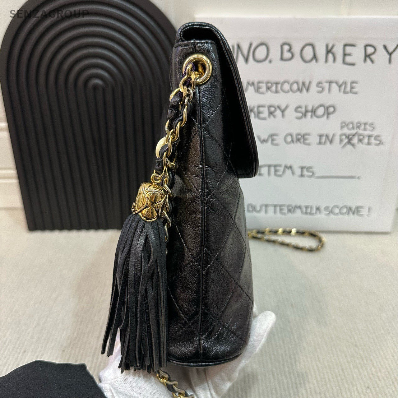 CHANEL Vintage CC Logo Tassel Chain Shoulder bag Black Gold Women Classic