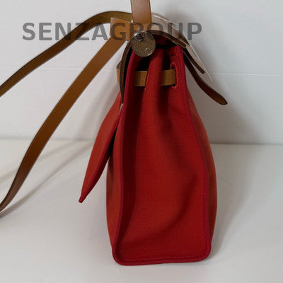 Hermes Herbag Red Silver Hardware Handbag Shoulder Bag Women Classic