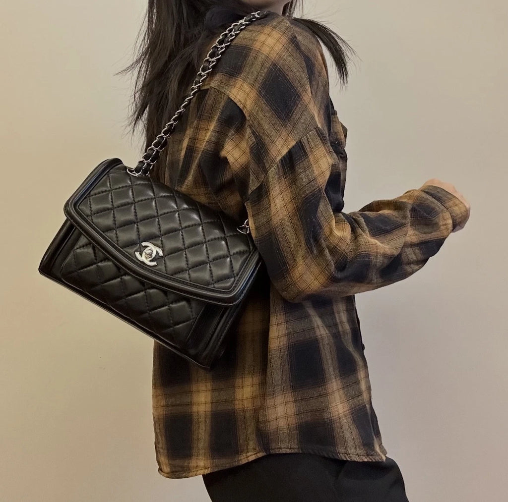 Chanel Classic Flap PM Chain Shoulder Crossbody Black Silver Diamond Women
