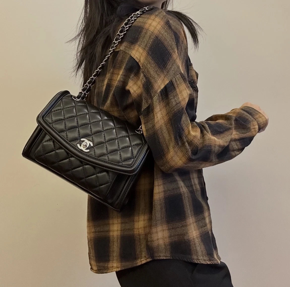 Chanel Classic Flap PM Chain Shoulder Crossbody Black Silver Diamond Women