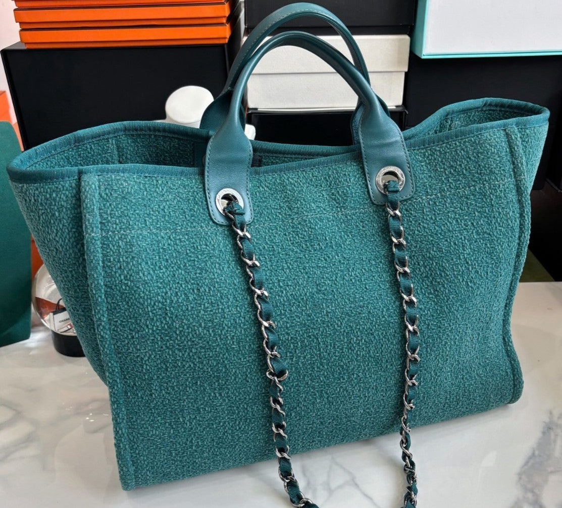 Chanel Beach Tote Top Handle Shoulder Bag Green Women Classic