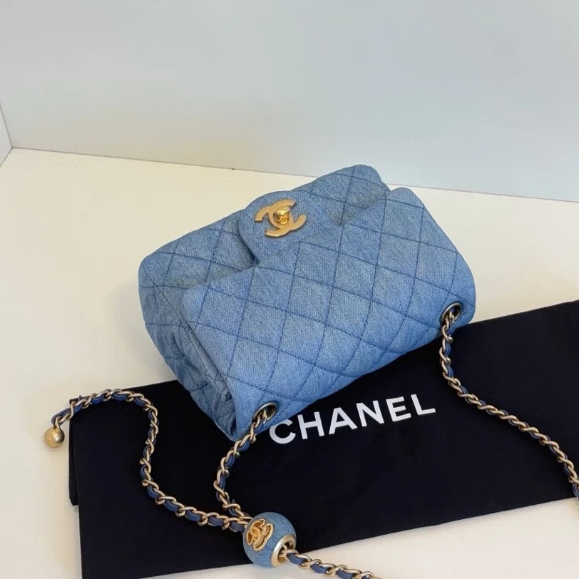 Chanel Classic Flap Denim Chain Shoulder Bag Crossbody Blue Gold Women Fashion