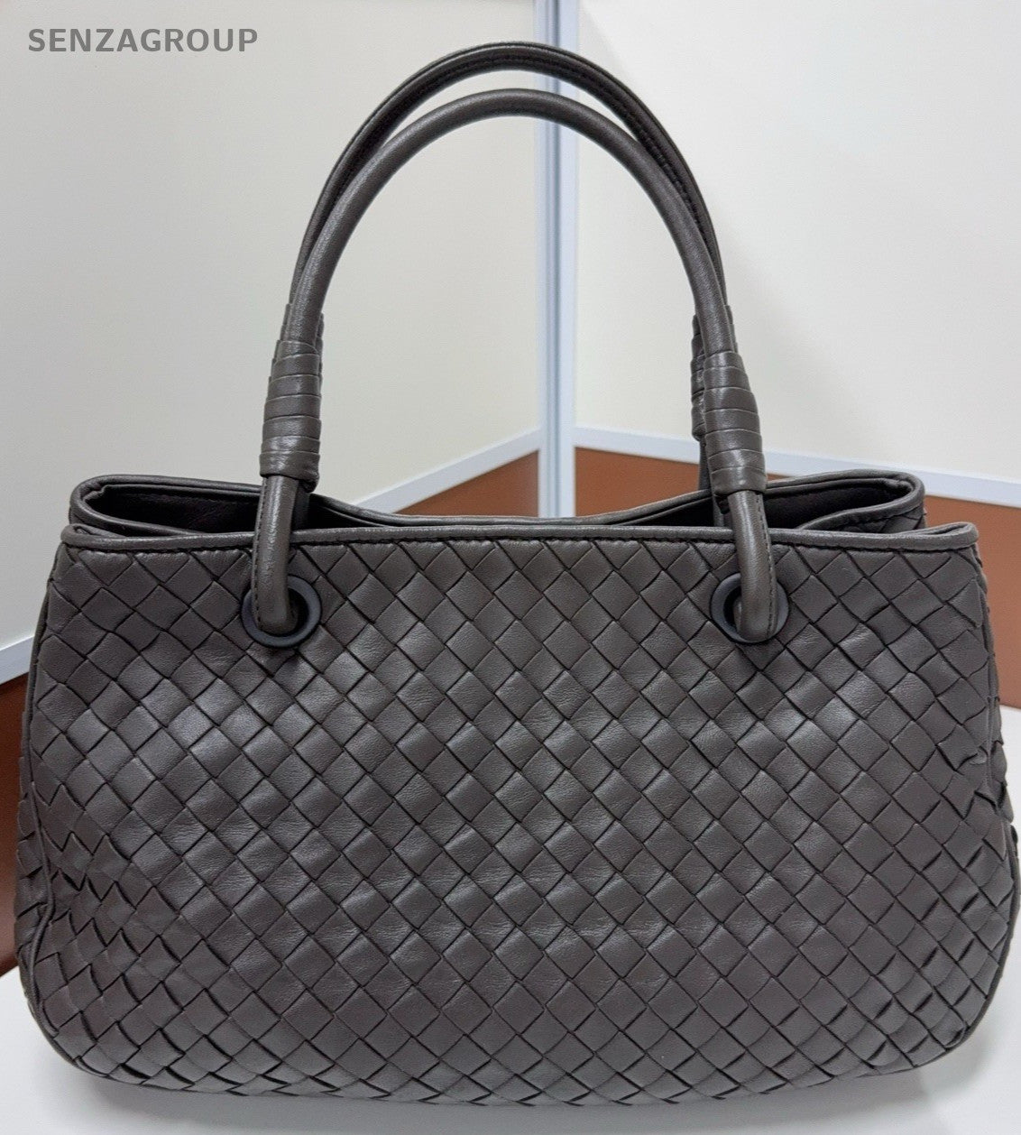 Bottega Veneta Lambskin Intrecciato Top Handle Shoulder Bag Gray Women