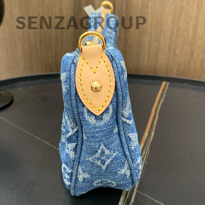 Louis Vuitton Denim Monogram Blue Gold Clasp Tote Shoulder Bag Women
