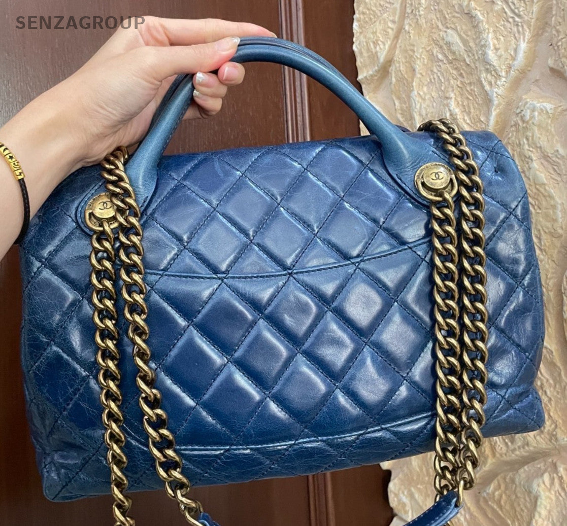 Chanel Flap Bag Calfskin Top Handle Bag Chain Crossbody Blue Gold Women Fashion