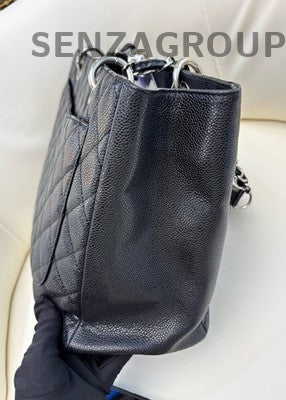 Chanel GST Black Silver CC Logo Tote Chain Shoulder Bag Quilted