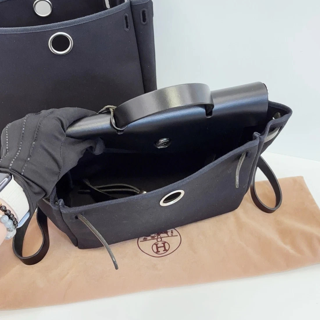 Hermes Herbag Canvas Backpack Black Silver Unisex Adults Classic