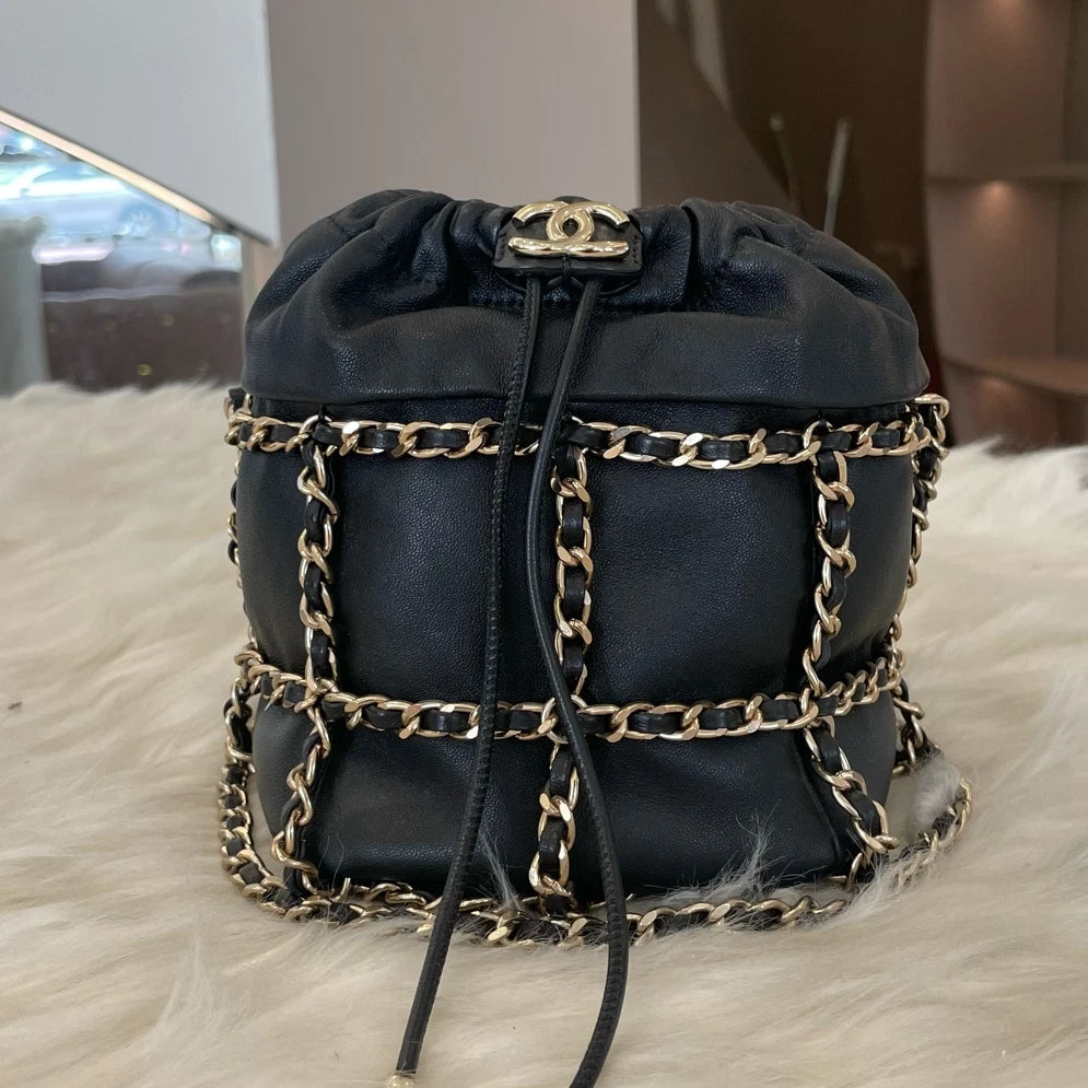 Chanel Mini Bucket Bag Black Gold Chain Shoulder Crossbody Classic Women