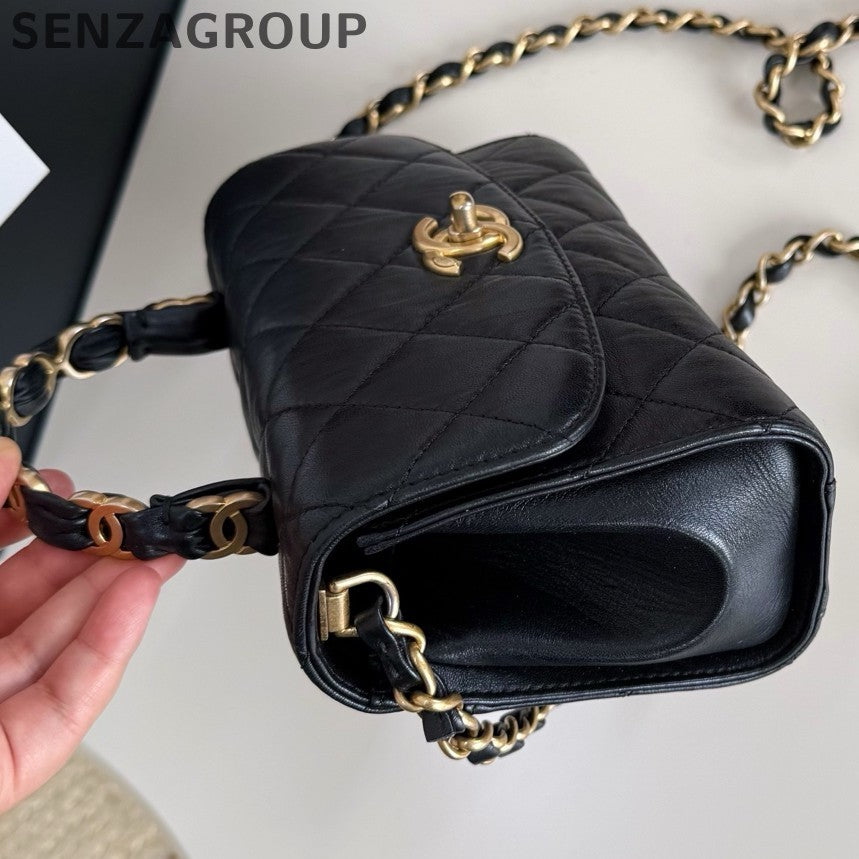Chanel Kelly Diamond Chain Top Handle Crossbody Black Gold Women Classic