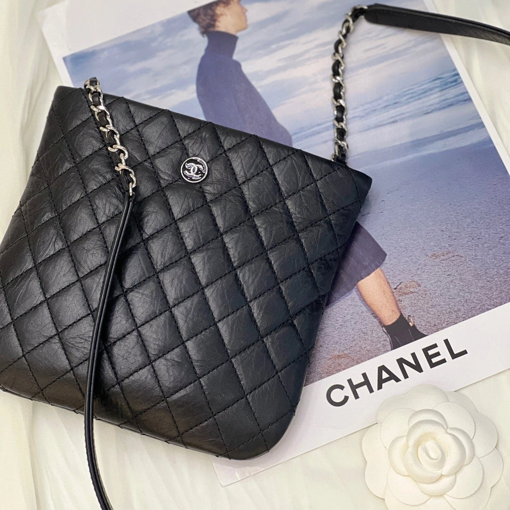CHANEL Black Silver Leather Messenger Bag For Women