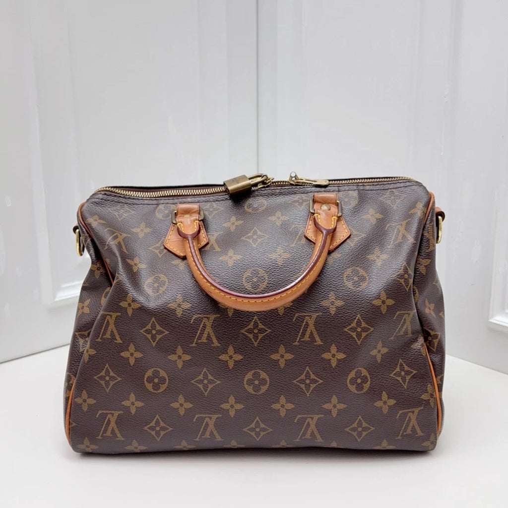 Louis Vuitton Speedy 30 Tote Top Handle Crossbody Bag Brown Gold Women Fashion