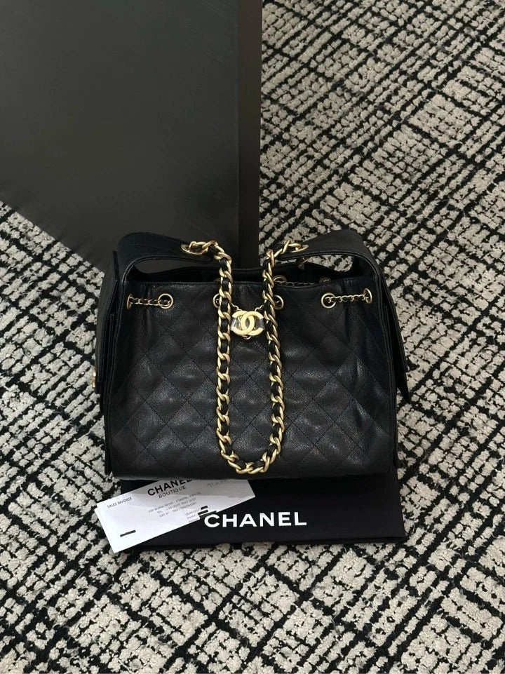 CHANEL 25bag Small Black Gold Tote Shoulder Bag For Women