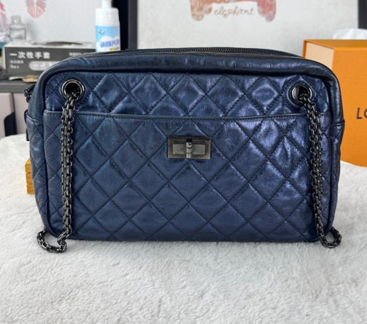 CHANEL 2.55 Camera bag Oil waxed leather Chain Shoulder bag Blue