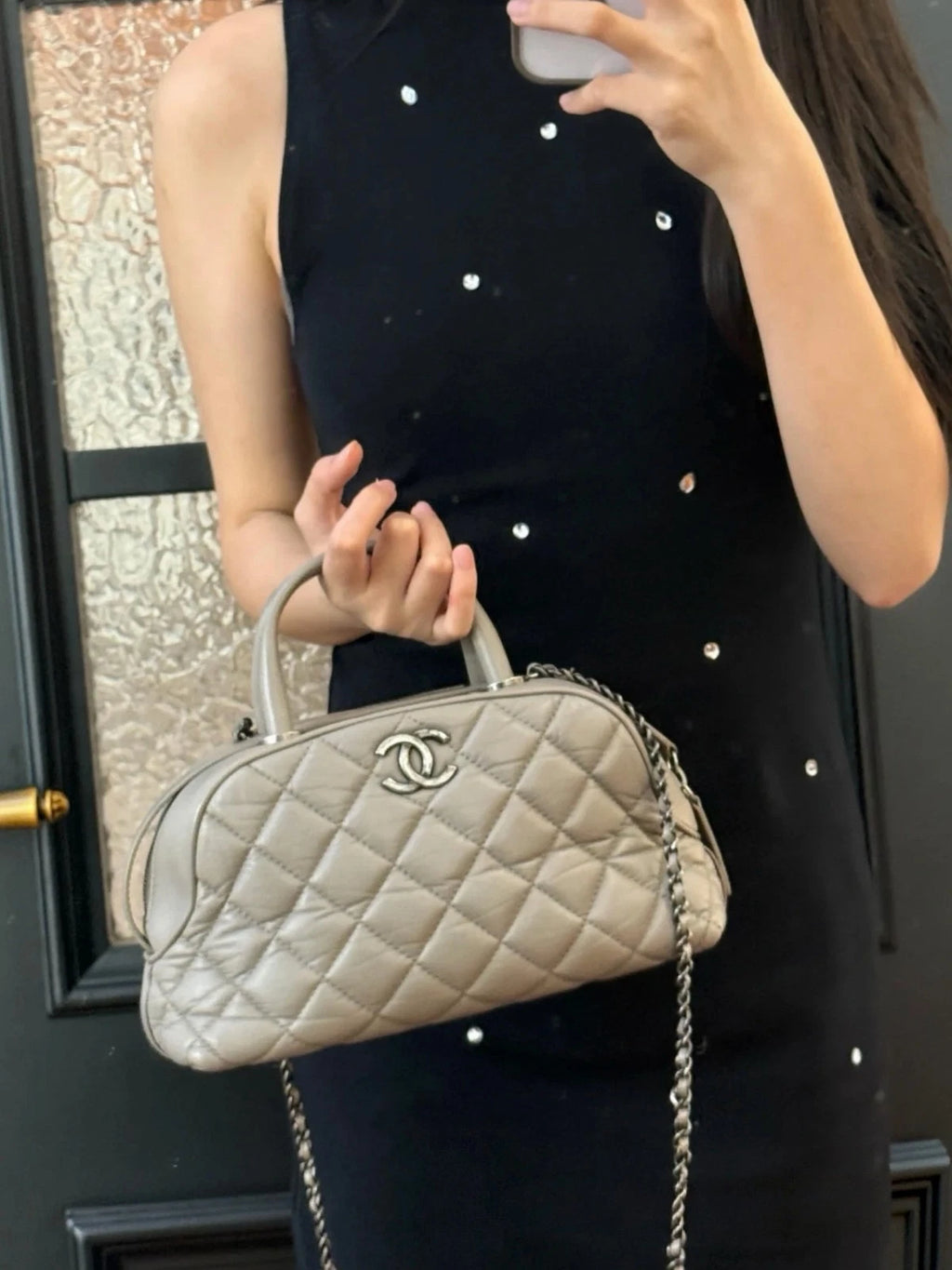 Authentic Chanel Bowling PM Chain Oil Wax Top Handle Shoulder Bag Grey SHD