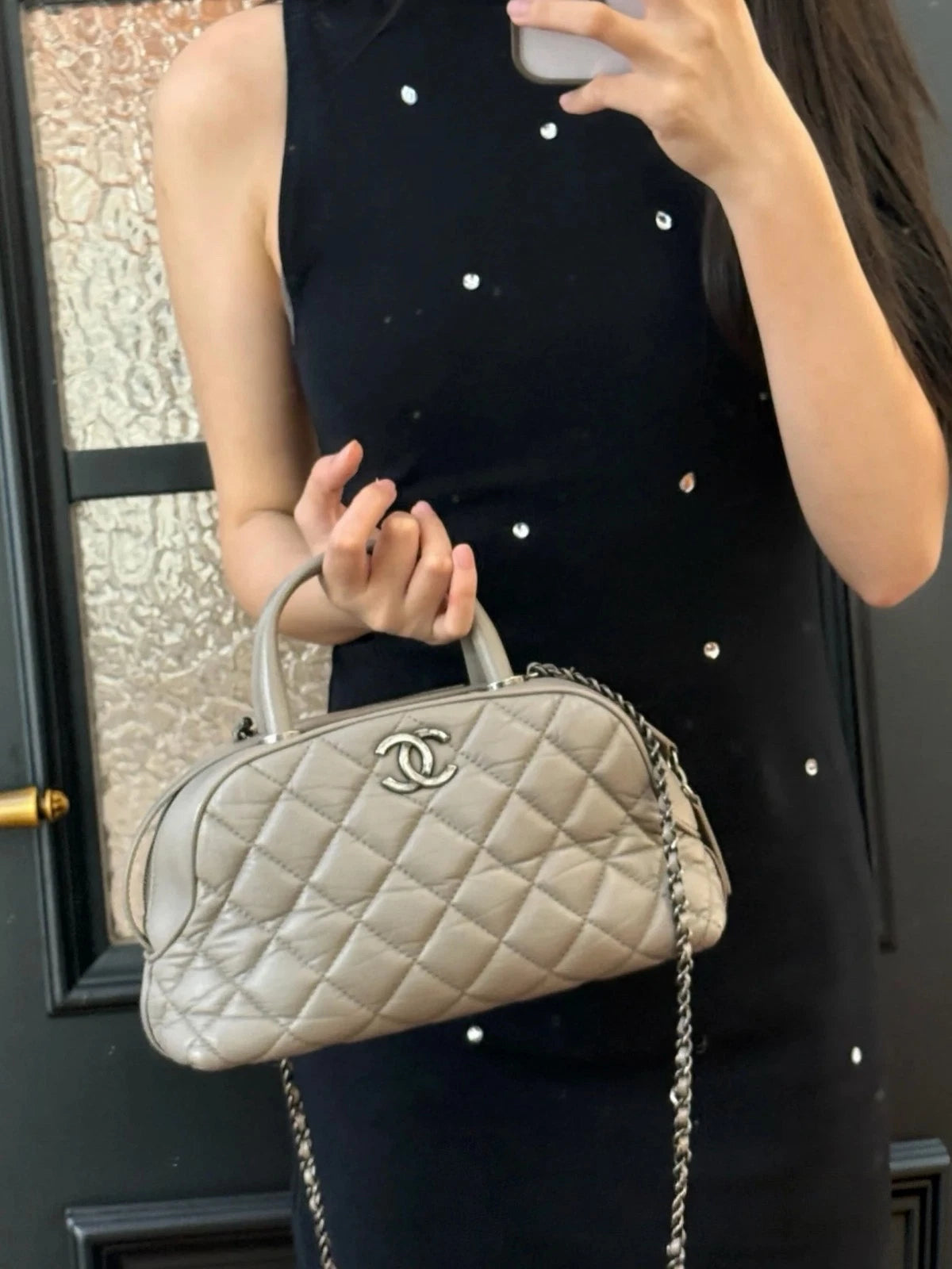 Authentic Chanel Bowling PM Chain Oil Wax Top Handle Shoulder Bag Grey SHD