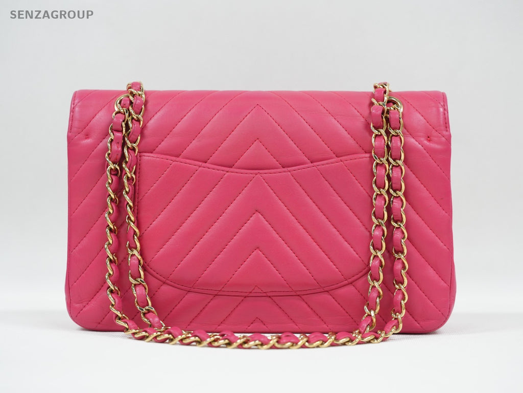 CHANEL Classic Flap MM V-Shape Pattern Chain Shoulder bag Pink Gold Women