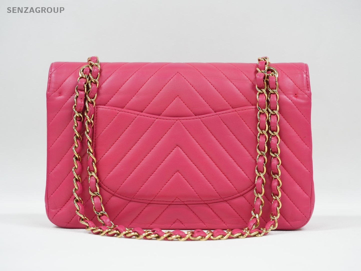 CHANEL Classic Flap MM V-Shape Pattern Chain Shoulder bag Pink Gold Women