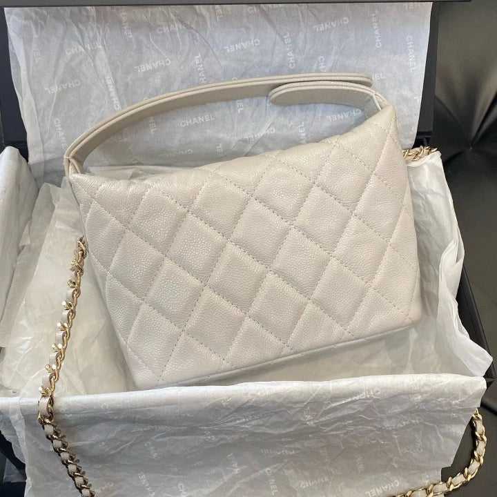 Chanel Calfskin Hobo Top Handle Bag Chain Crossbody White Gold Diamond Women D
