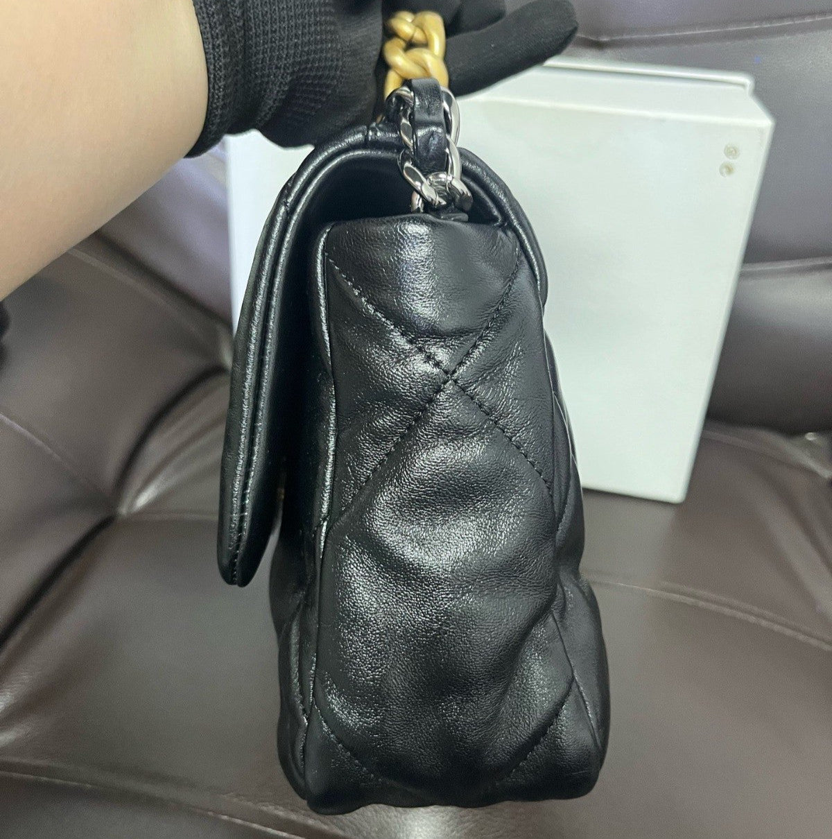Chanel 19Bag PM Chain Top Handle Shoulder Crossbody Black Gold Women Classic