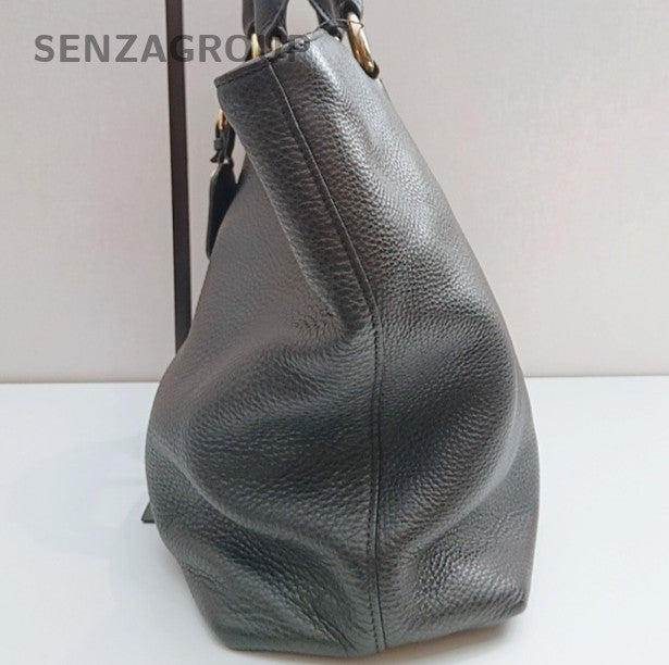 Prada Calfskin 2Way Handbag Crossbody Black Gold Used Women Classic Fashion