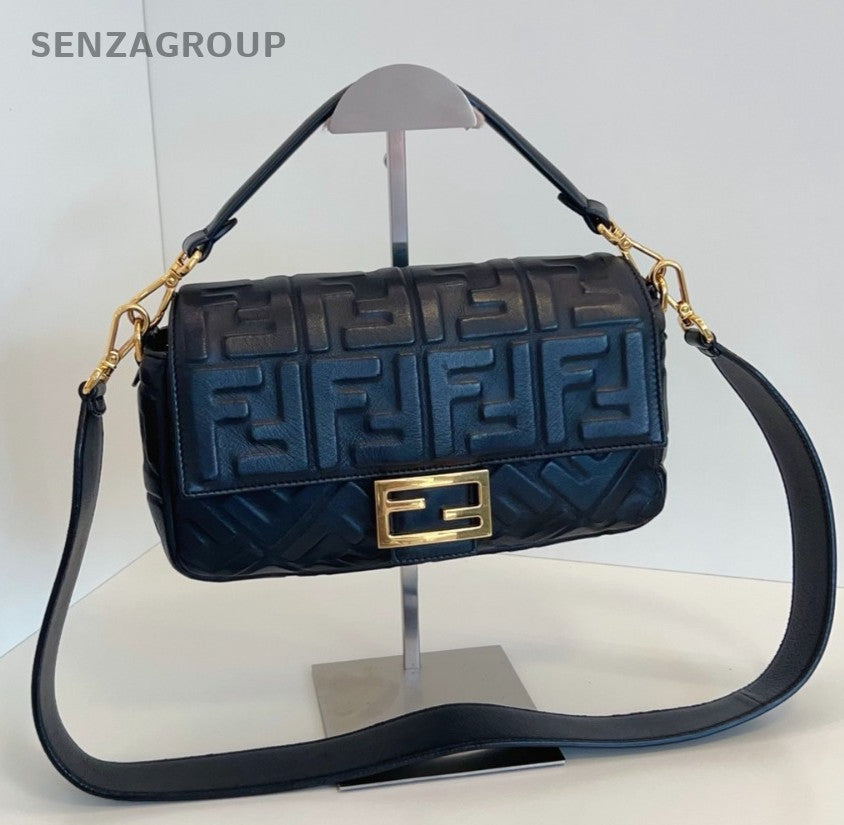 FENDI Baguette MM Monogram 2WAY Shoulder Handbag Black Gold Women