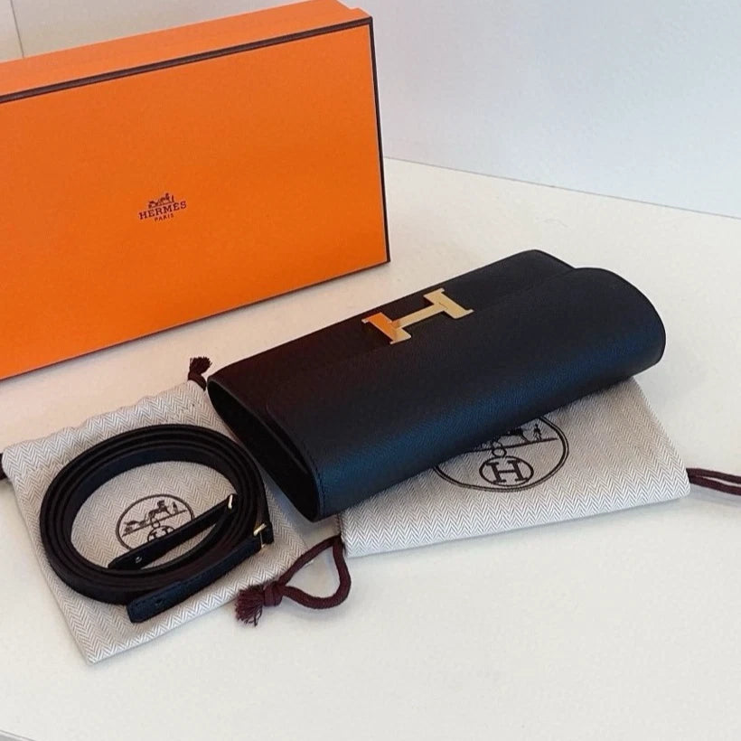 Hermes Constance Togo Clutch Shoulder Bag Black Gold Women Classic Fashion