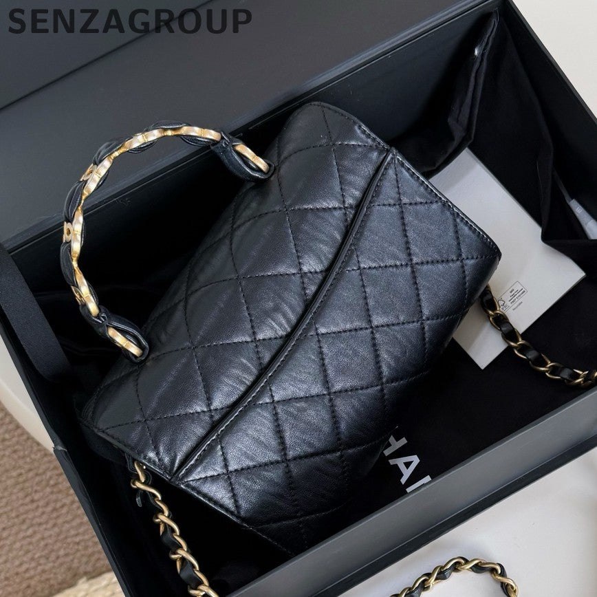 Chanel Kelly Diamond Chain Top Handle Crossbody Black Gold Women Classic
