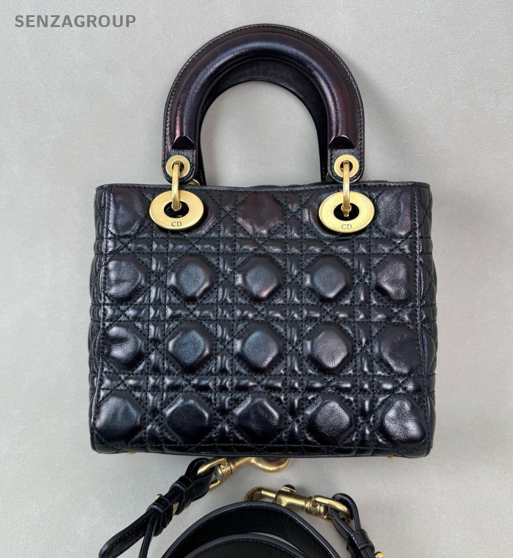 Christian Dior Lady Top Handle Oil wax leather 2way Shoulder bag Black Gold