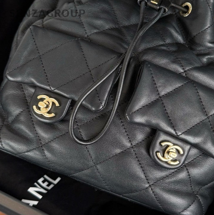 Chanel 23B Diamond Chain Drawstring Backpack Black Gold Women Classic Fashion
