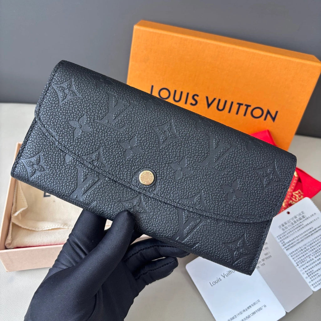 Excellent Louis Vuitton Emilie Wallet Calfskin Long Wallet Black Gold Hardware