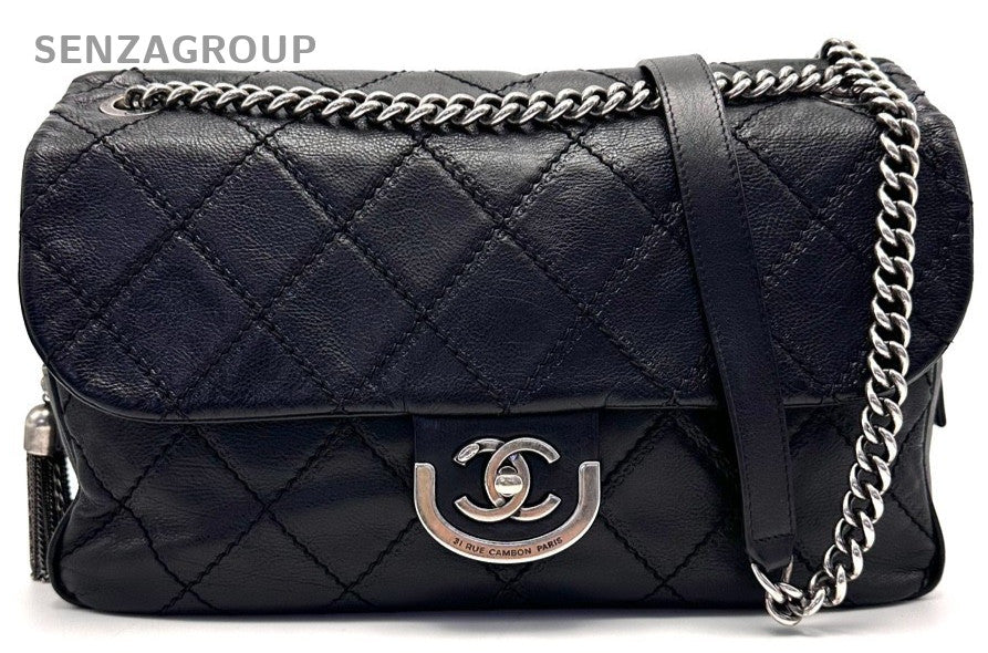 Chanel Classic Flap Diamond Pattern Chain Shoulder Bag Black Silver Used Women