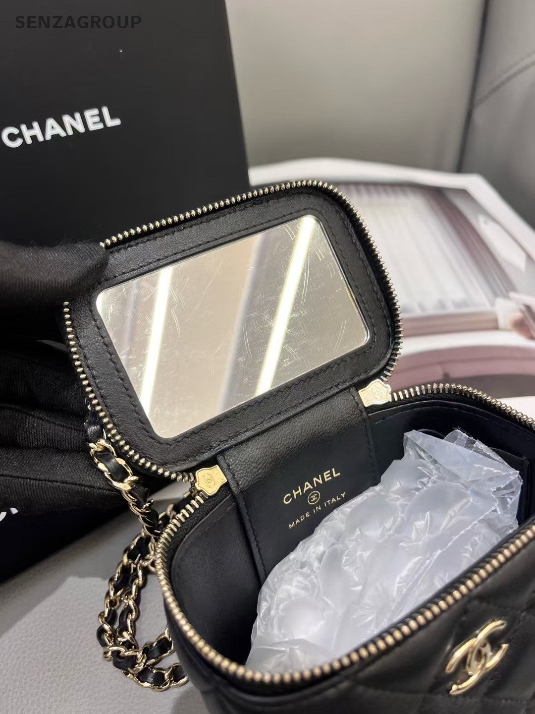 CHANEL Vanity mini Lambskin Top Handle Chain Shoulder Handbag Black Gold Women