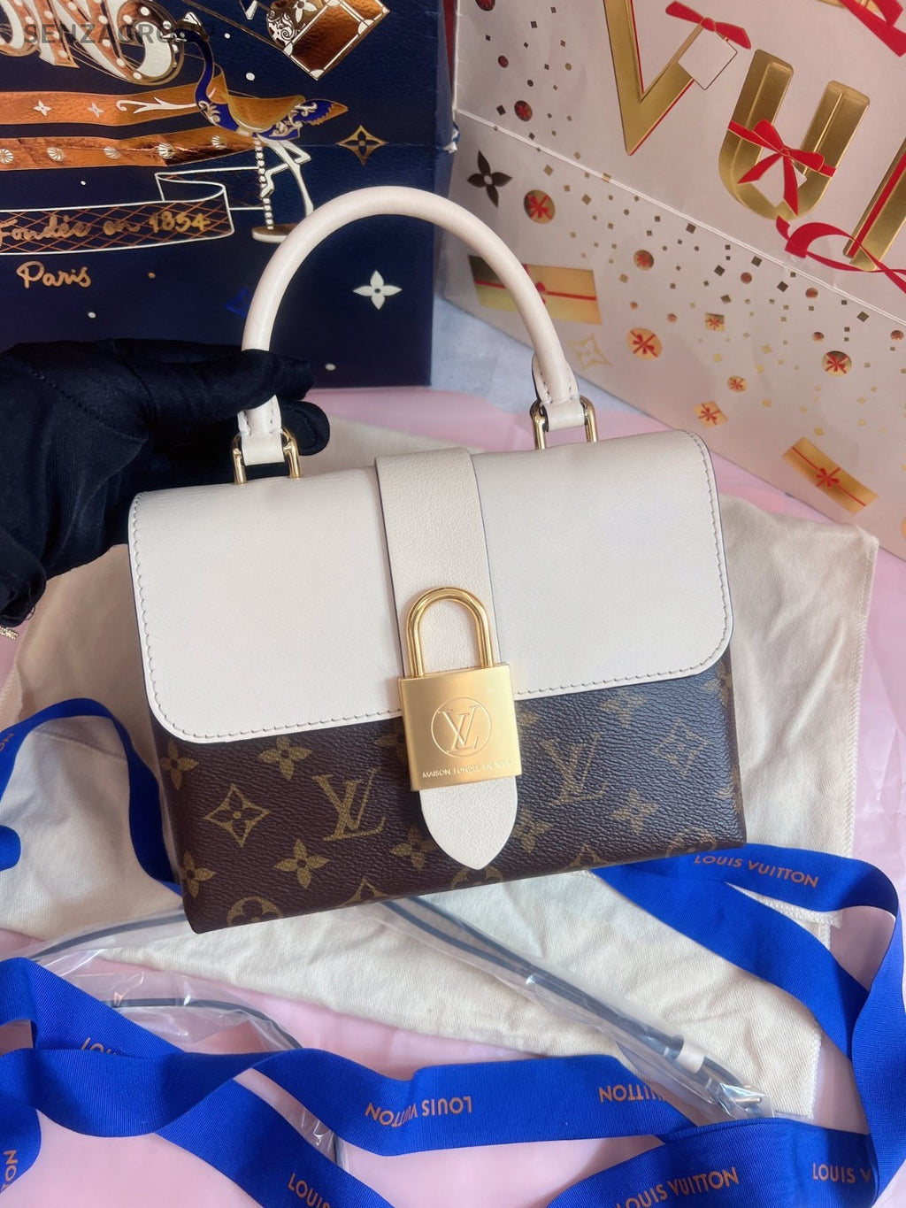 Louis Vuitton Locky bb Top Handle 2way Shoulder Handbag Brown White Women