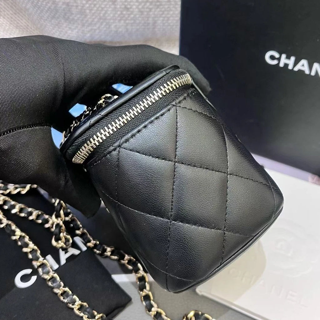 Chanel Lambskin Mini Vanity Case Chain Crossbody Black Gold Diamond Women
