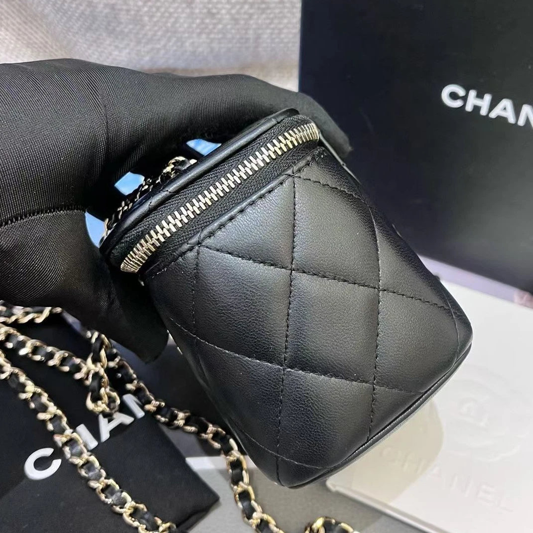 Chanel Lambskin Mini Vanity Case Chain Crossbody Black Gold Diamond Women