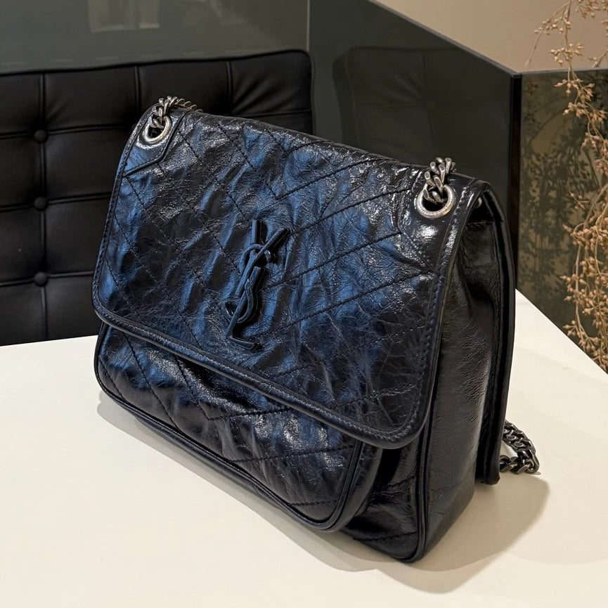 Saint Laurent YSL Niki Medium Chain Shoulder Bag Black Silver