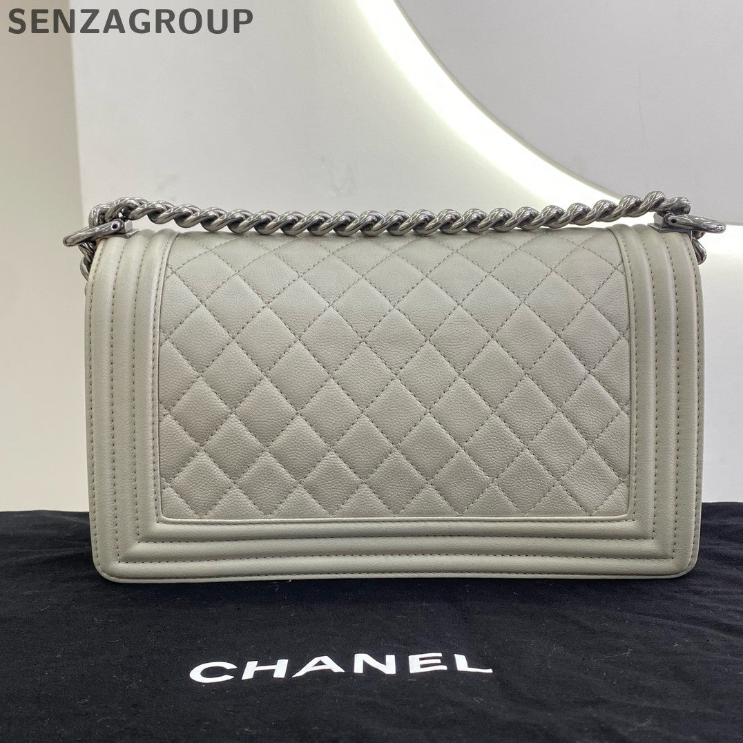 Chanel Le Boy Chevron Quilted Chain Shoulder Bag Silver White Classic Women