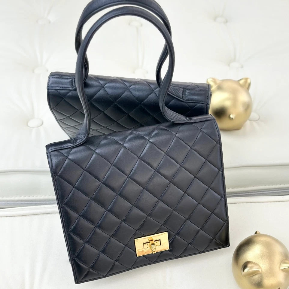 Chanel Vintage Lambskin Diamond Top Handle Bag Black Gold Hardware Women S