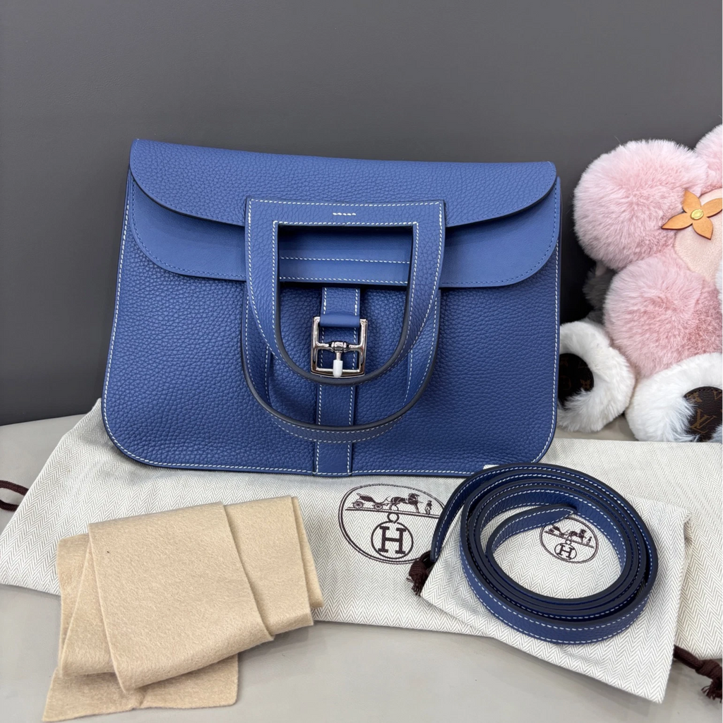 Hermes Halzan31 Top Handle Crossbody Blue Silver Women Classic Fashion