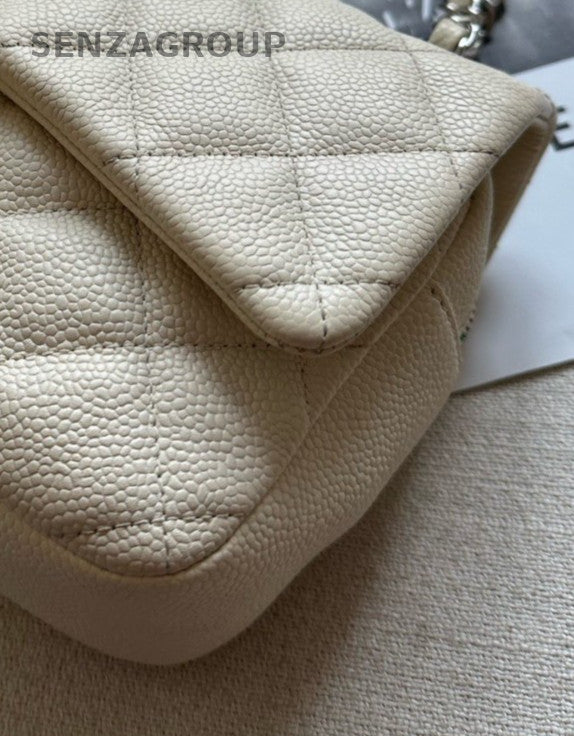 Chanel Classic Flap Calfskin Chain Shoulder Bag Ivory Silver Women Designer