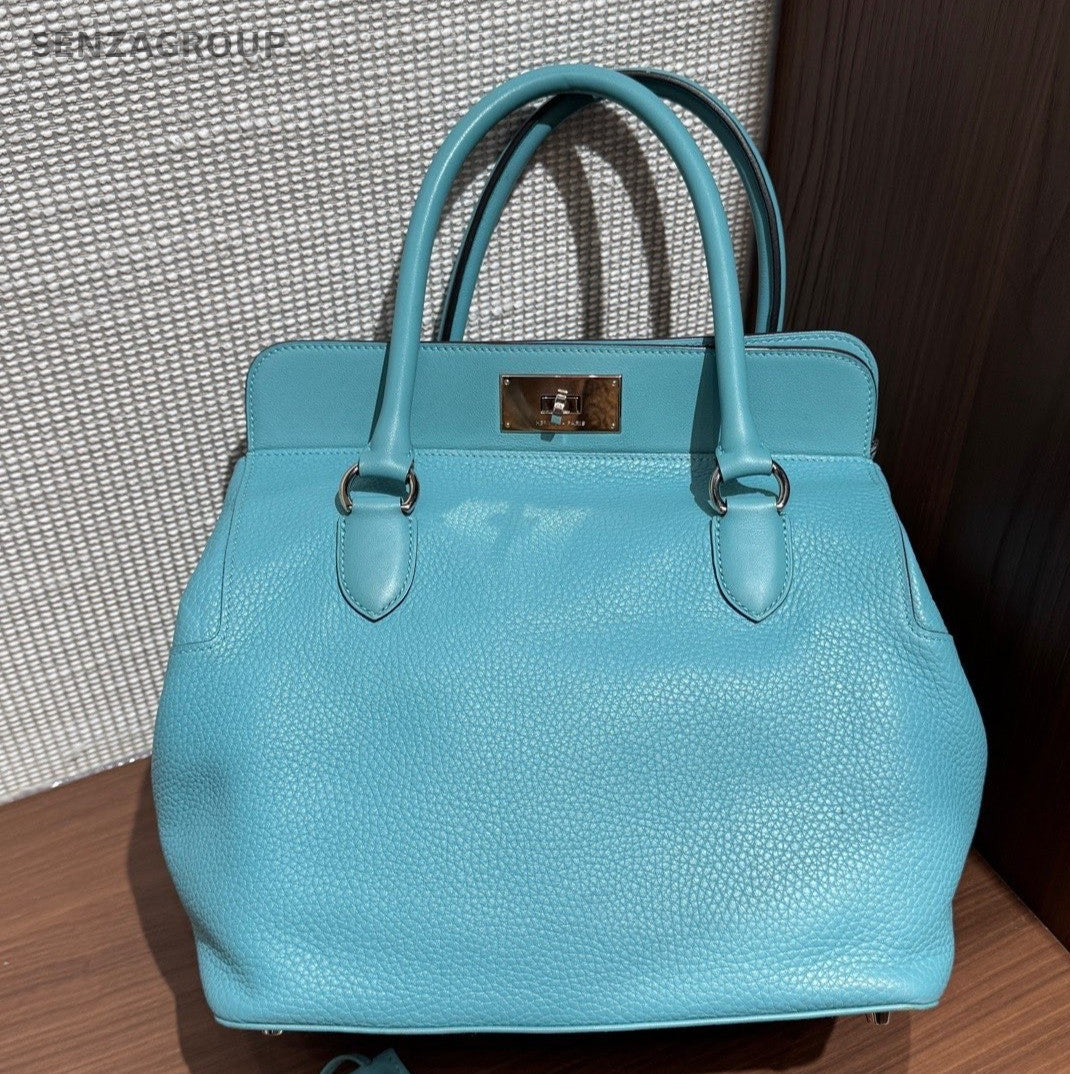 Hermes Toolbox Top Handle Bag Blue Silver Used Women Classic Designer
