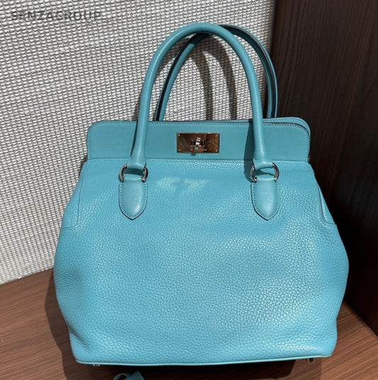 Hermes Toolbox Top Handle Bag Blue Silver Used Women Classic Designer
