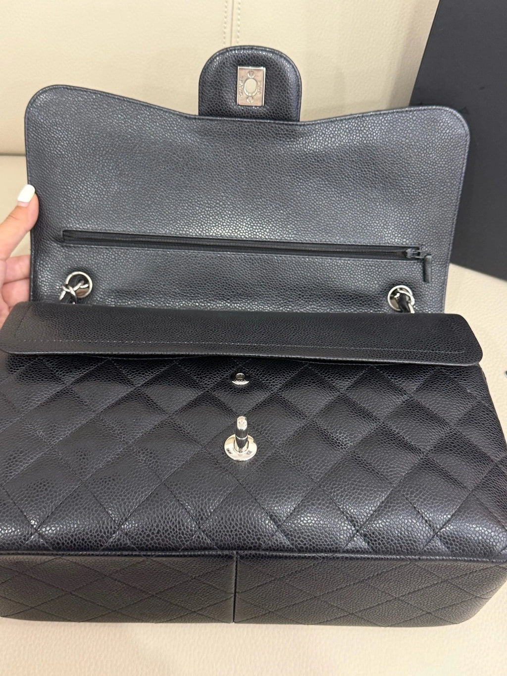 CHANEL CF Maxi Double Flap Black Silver Grained Leather Chain Bag For Women