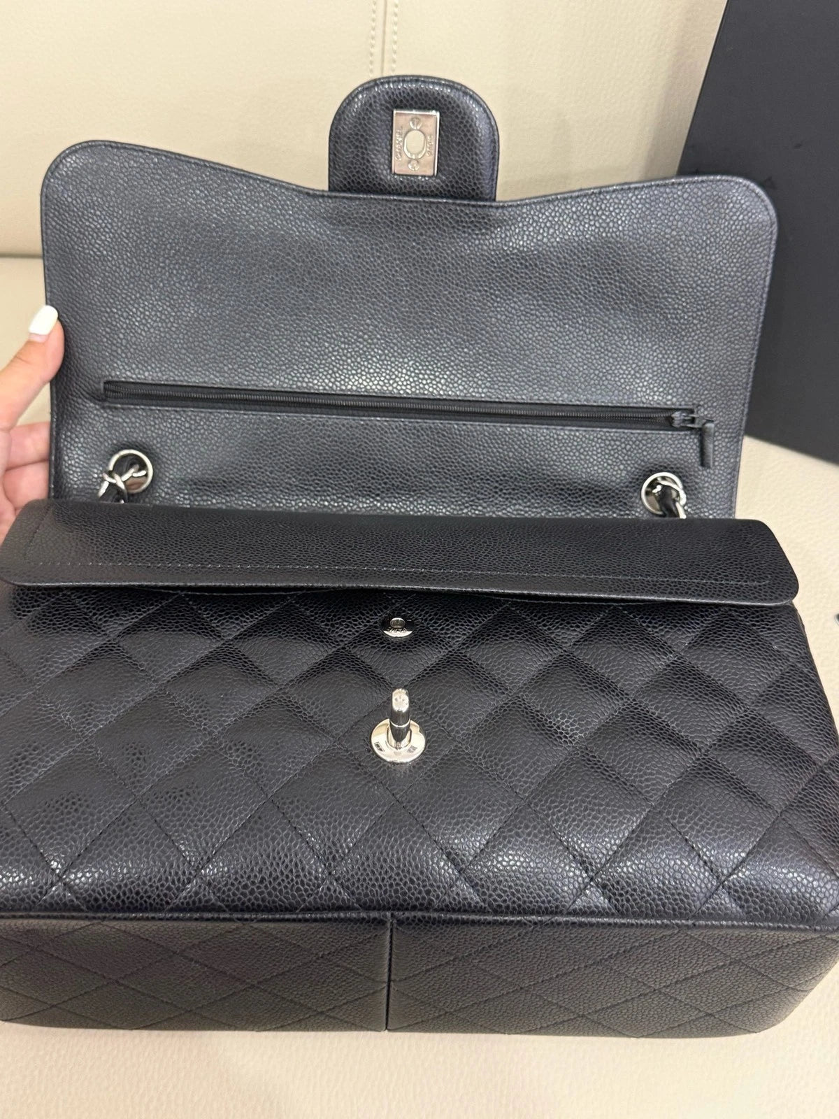 CHANEL CF Maxi Double Flap Black Silver Grained Leather Chain Bag For Women