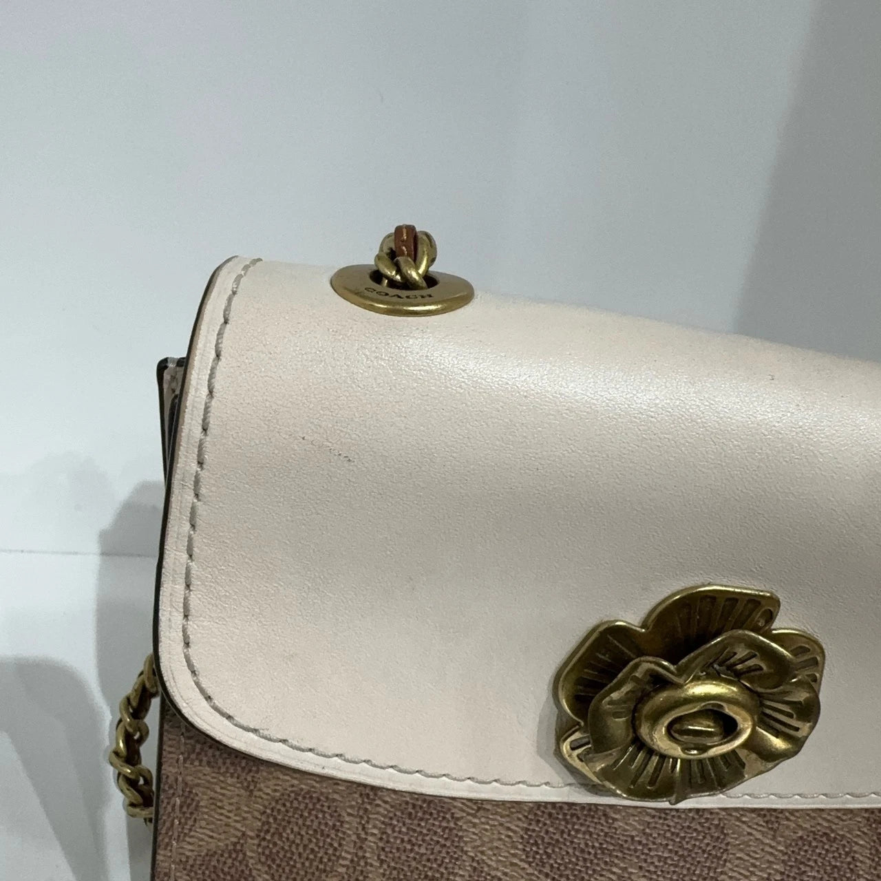 Coach Camellia Canvas Leather Crossbody Shoulder Bag For Women White Brown