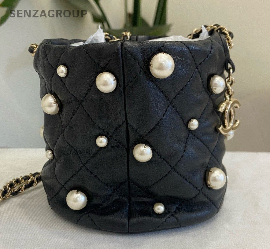 Chanel Lambskin Pearl Bucket Chain Shoulder Bag Crossbody Black Gold Women