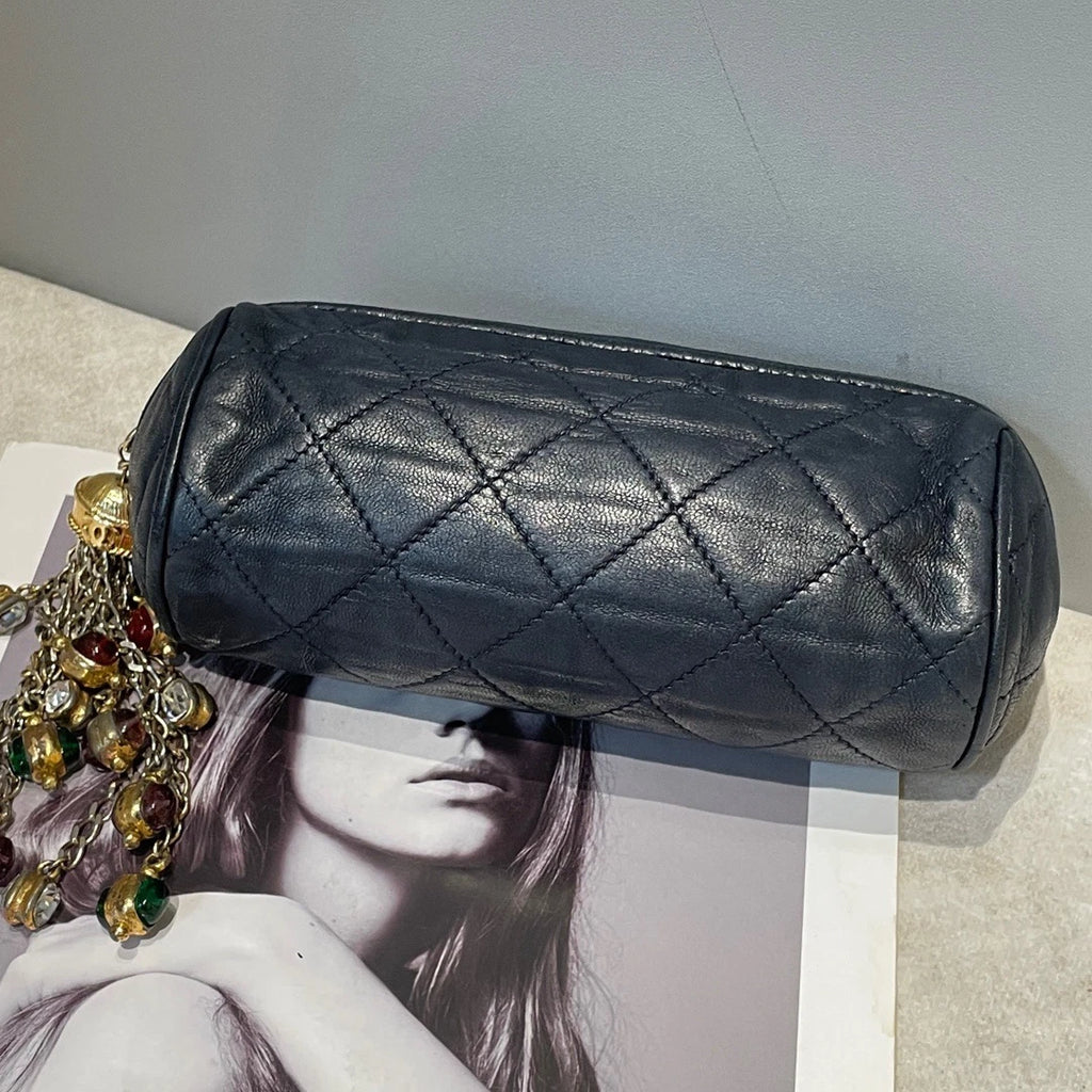 Chanel Diamond Clutch Black Gold Used Women Classic