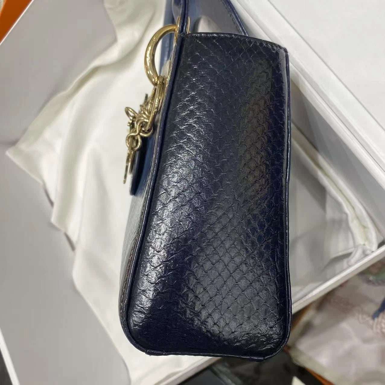 Dior Women Blue Gold Leather Lady Dior Top Handle Bag