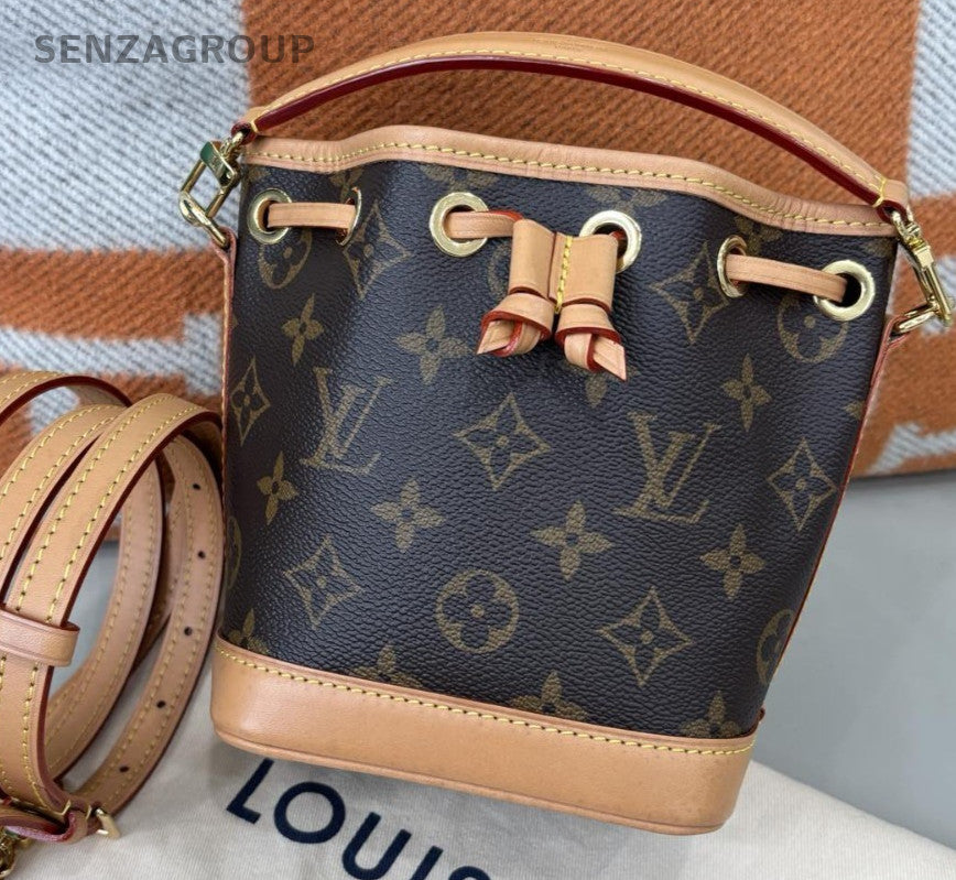 Louis Vuitton Monogram Nano Noe Bucket Bag Crossbody Brown Gold Women Classic