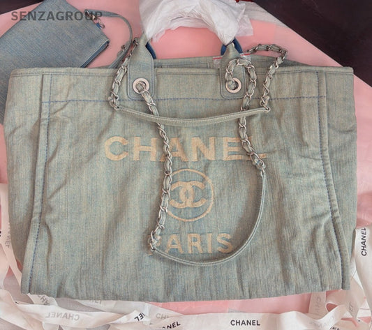 Chanel Beach Bag Chain Shoulder Bag Blue Silver Used Women Classic